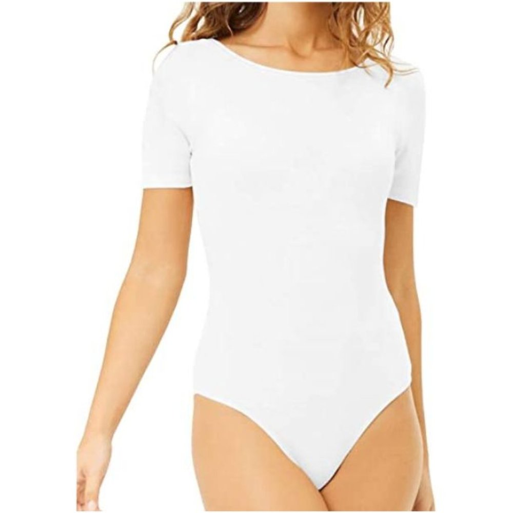 NWT MANGDIUP Women's Round Collar Short Sleeve Basic Bodysuits Jumpsuits